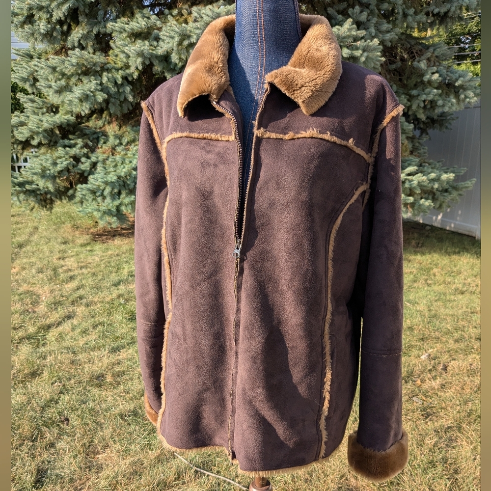 Sherpa Coat Bomber Jacket Women Large Faux Suede Full 2-Way Zip EUC Farmhouse